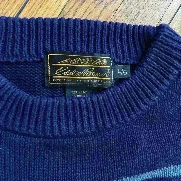 Vintage Eddie Bauer navy blue striped crewneck knit sweater size Large - Picture 3 of 5
